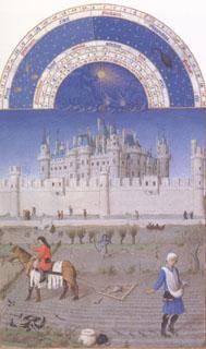 LIMBOURG brothers The medieval Louvre is in the background of the October calendar page (mk05) oil painting image